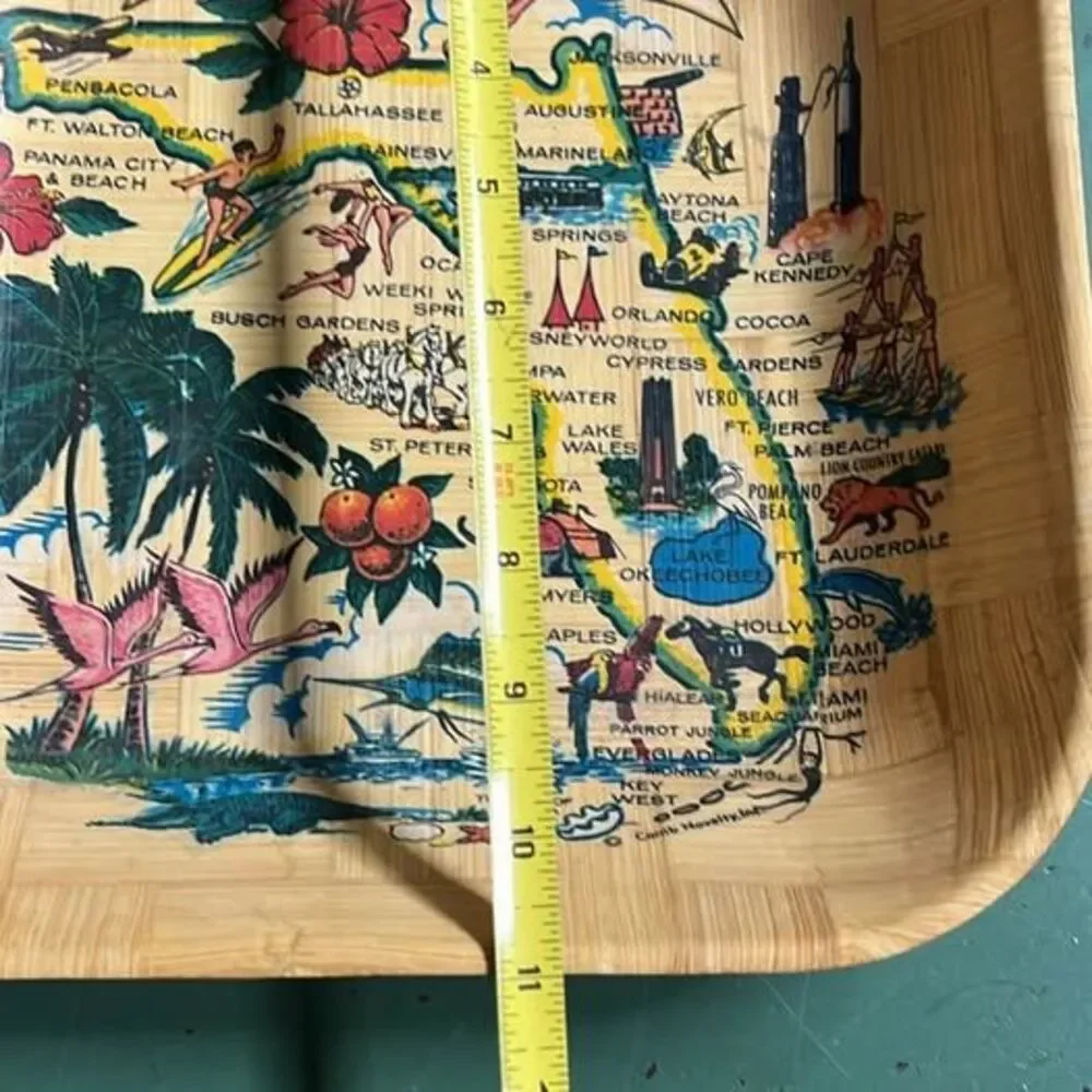 Vintage 1970s Kitsch Florida Souvenir Woven Bamboo Map Bowl - MINT with Labels